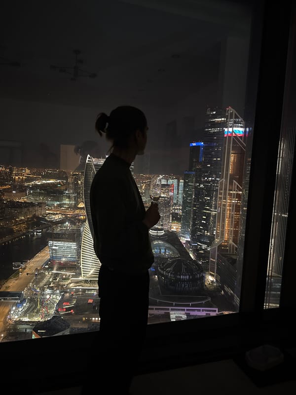 Person observes Moscow skyline from Khimki window at night