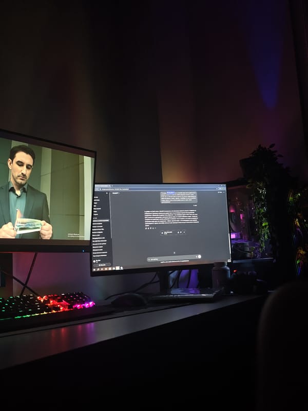 Dual monitor setup shows burning money video and ChatGPT