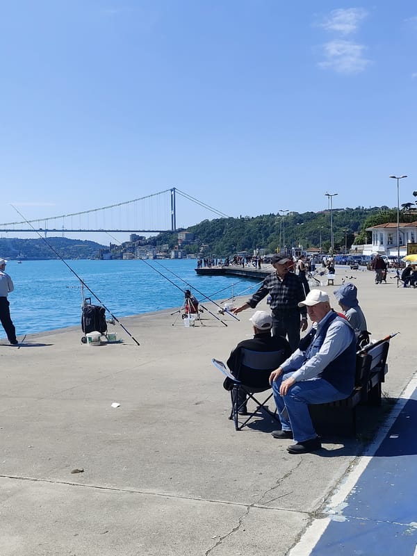 Morning life along Sarıyer waterfront: fishing, pigeons, families