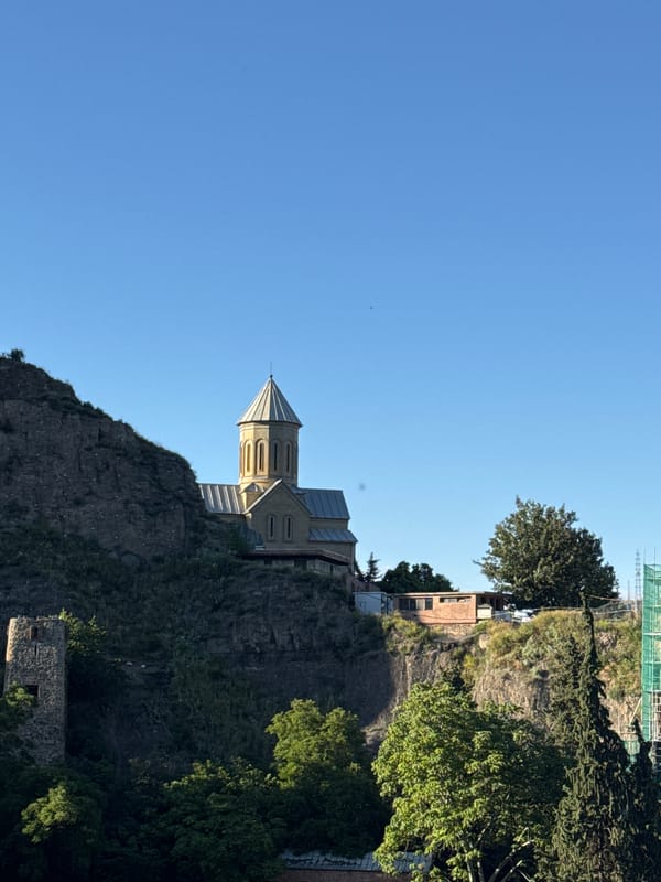 Tourist documents Tbilisi's historic cityscape during sunny afternoon