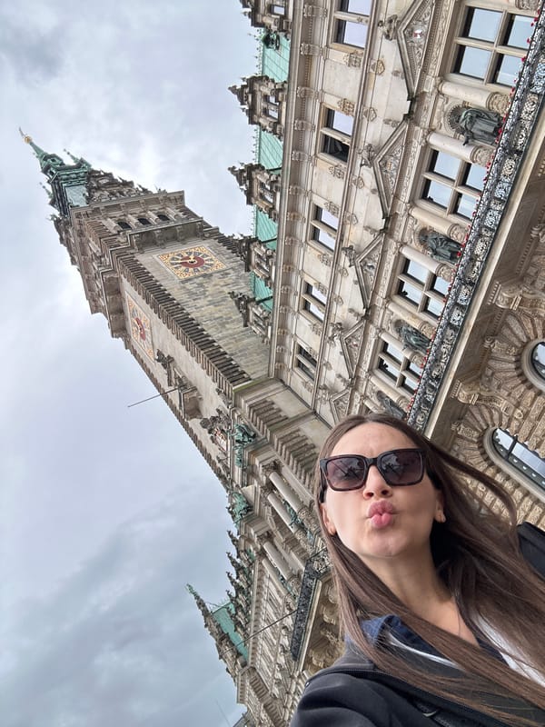 Tourists document Hamburg City Hall amid street performances