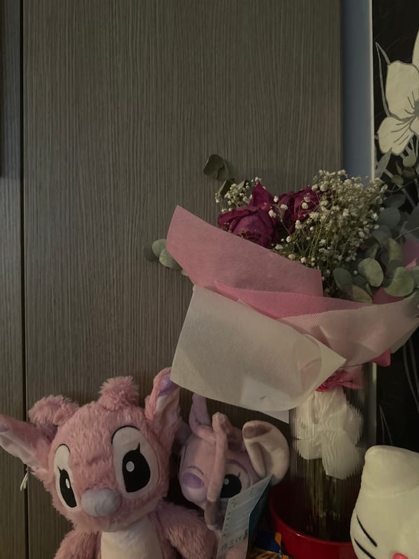 Casual home scene with flowers, plush toy, cartoon TV