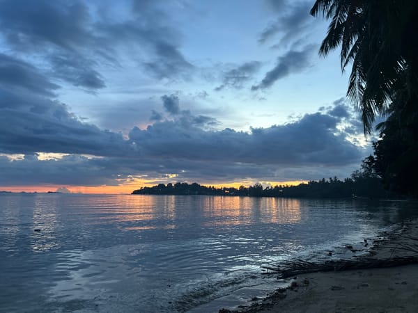 Sunset seascape with dog companion on Koh Phangan