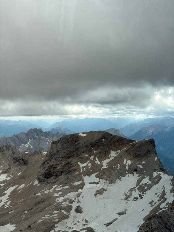 Zugspitze peaks and clouds from cable car and ridgeline