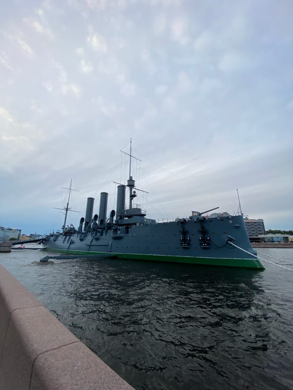 Afternoon at the Aurora museum ship on Saint Petersburg's Neva embankment