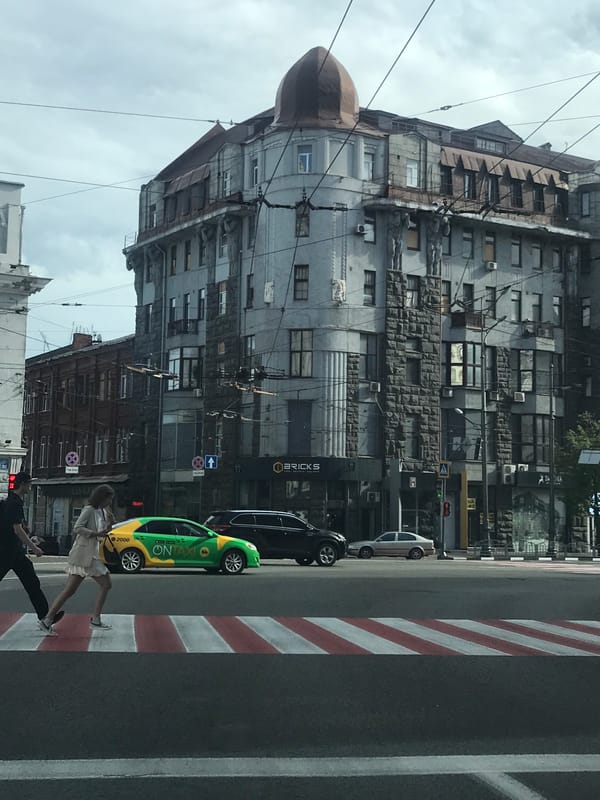 Street scenes documented across Kharkiv showing mixed architecture
