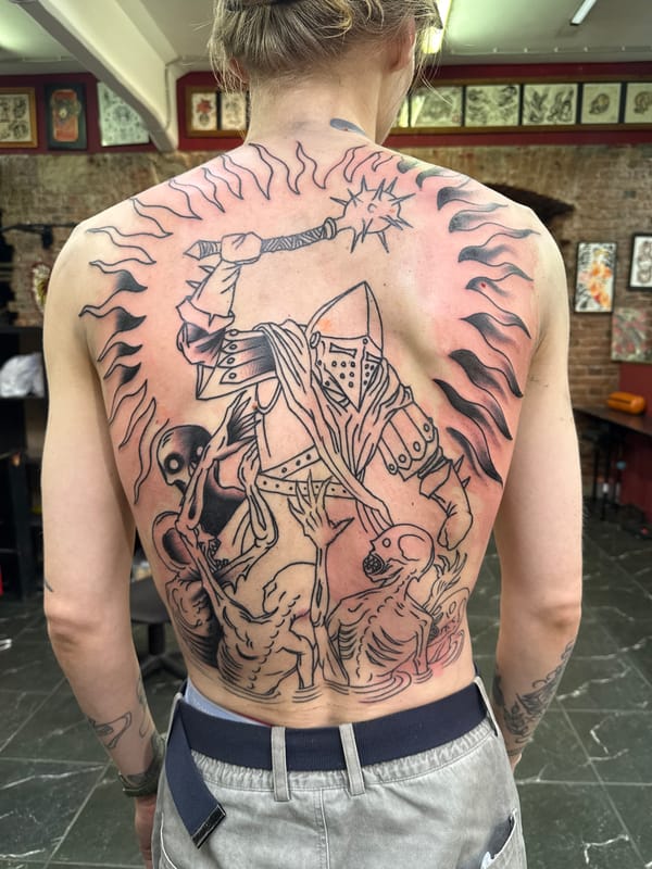Detailed tattoo work on display at a Moscow studio