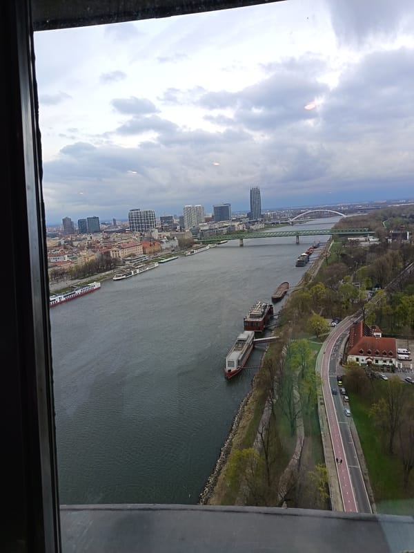 Elevated views of Bratislava cityscape and Danube River captured