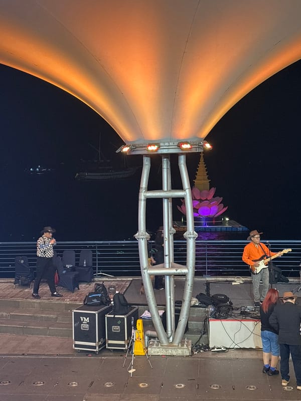 Country-themed live band plays waterfront stage at Ancol Baywalk