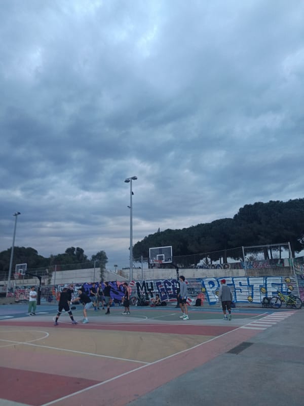 Basketball game and street art observed in Barcelona neighborhood