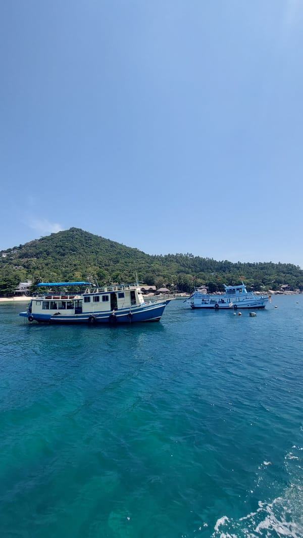 Morning boats anchor off Ko Tao's tropical coastline