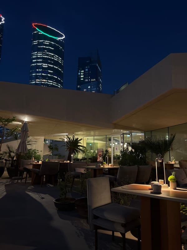 Outdoor dining area prepared for service in Abu Dhabi