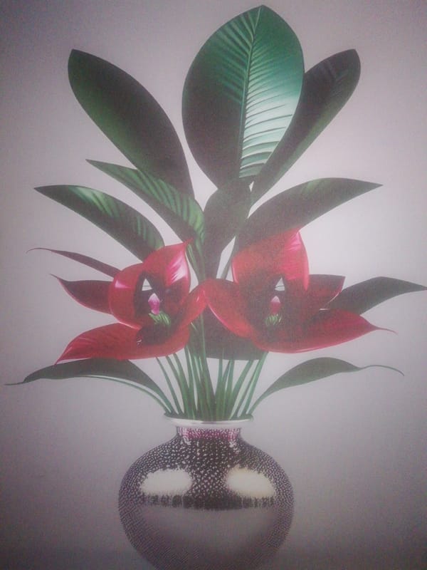 Red flowers in spotted vase documented in Ikorodu