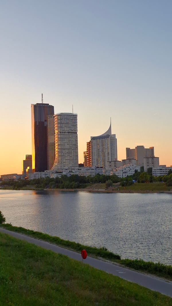 Vienna Danube skyline photographed at sunset