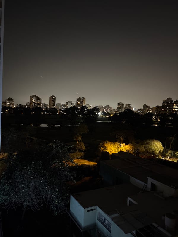 Nighttime urban views captured from high vantage point in San Isidro