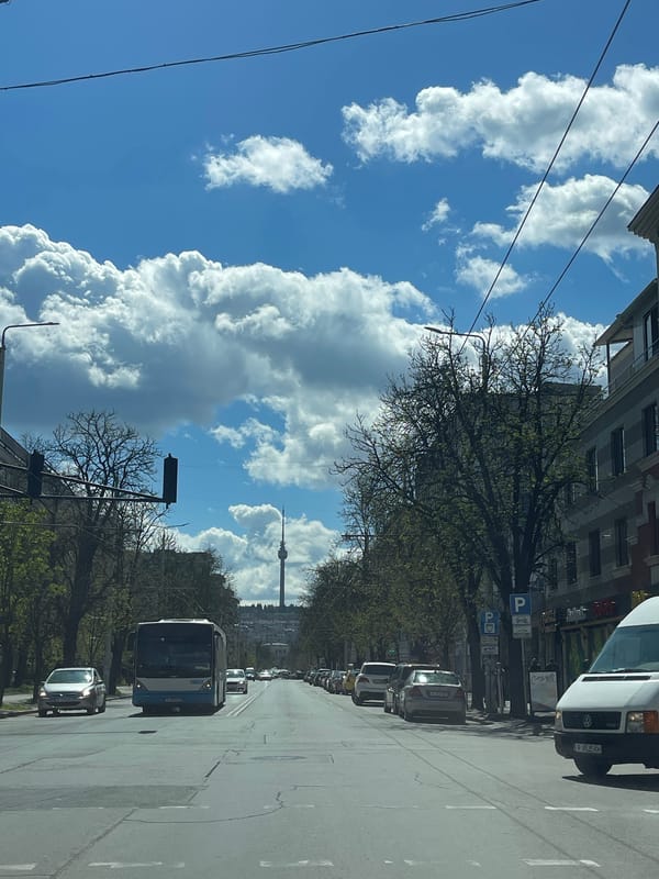 Clear skies over street scene in Ruse, Bulgaria