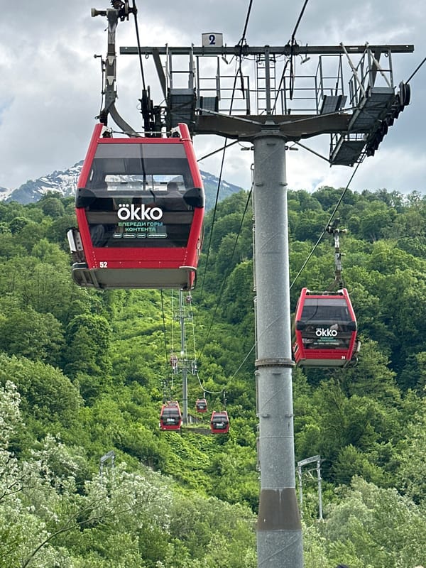 Cable cars operate on mountain slopes in Estosadok, Russia