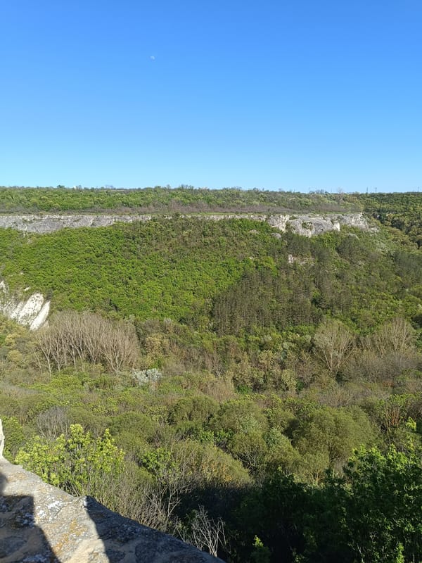 Valley town viewed from rocky plateau, Bulgarian flag spotted