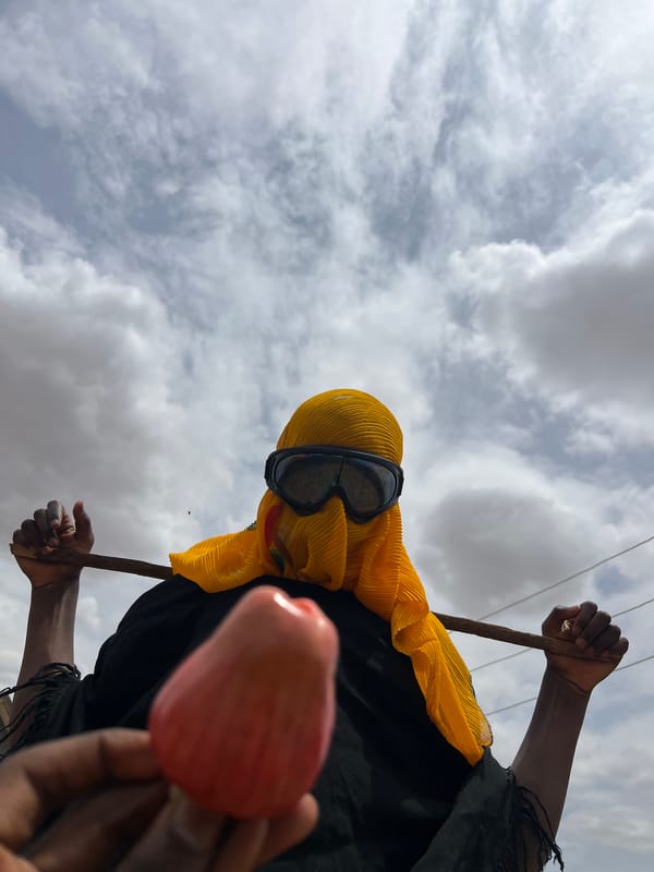 Person in yellow headwear photographed with stick in Udu