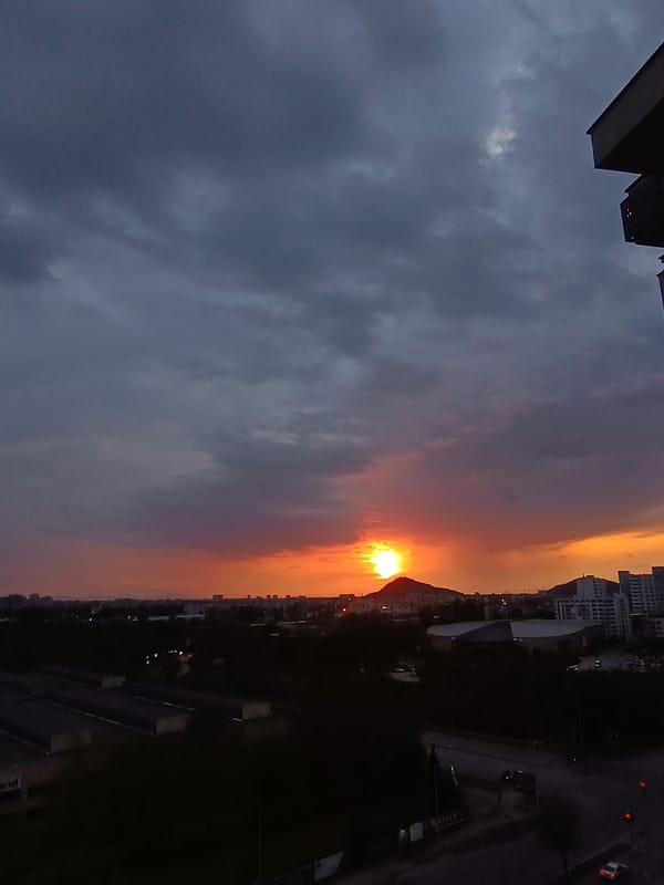 Dramatic sunset photographed across Plovdiv, Bulgaria from multiple vantage points