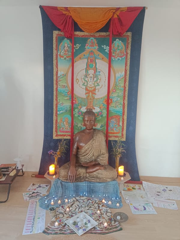 Buddhist altar with wooden statue observed in Jérica, Spain