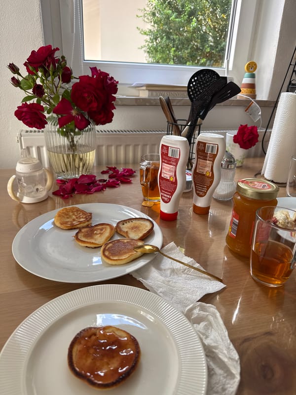 Pancake breakfast at home, then a stroll through a historic European town