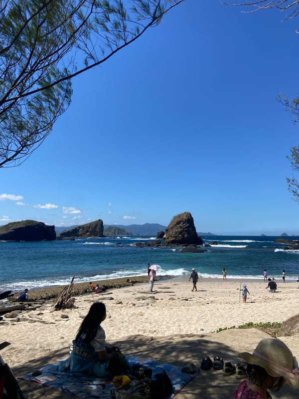 Family beach day captured along Indonesian coast