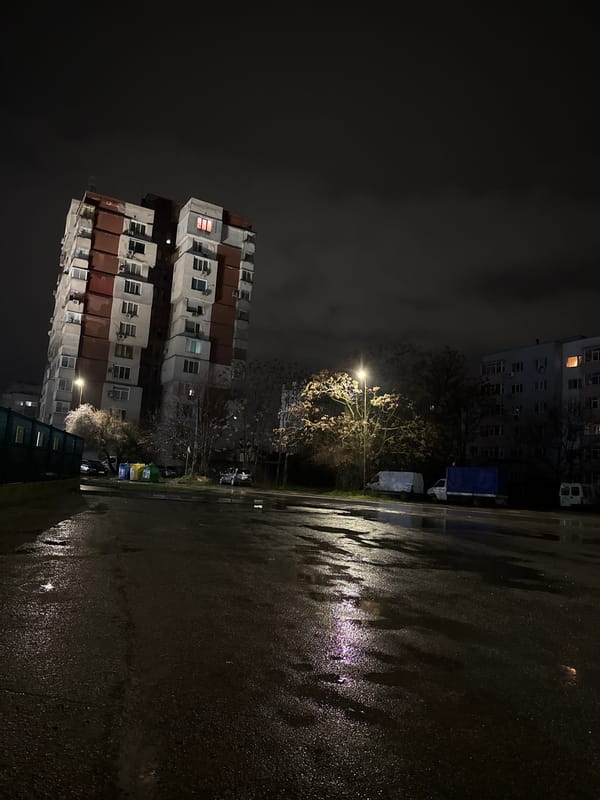 Wet nighttime residential scene documented in Lovech, Bulgaria