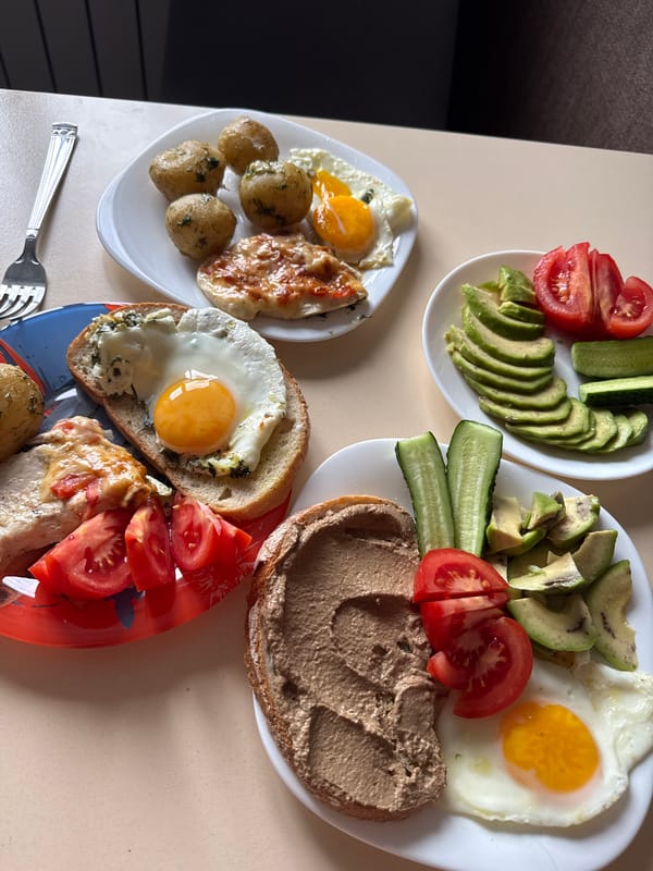 A full breakfast spread on the table in Kharkiv