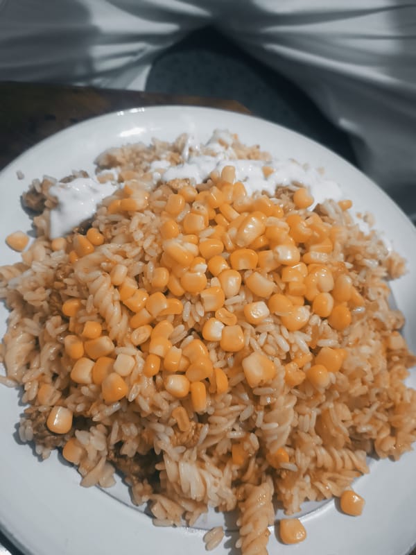 Rice pasta dish photographed in Meknes Morocco