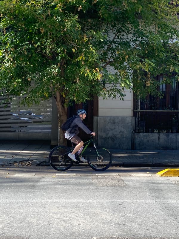 Cyclist and pedestrians share tree-lined Buenos Aires street