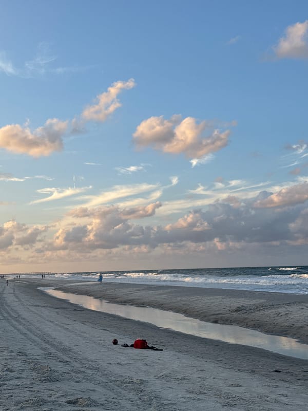 Jacksonville Beach at dusk, rope barriers and tire tracks in the sand