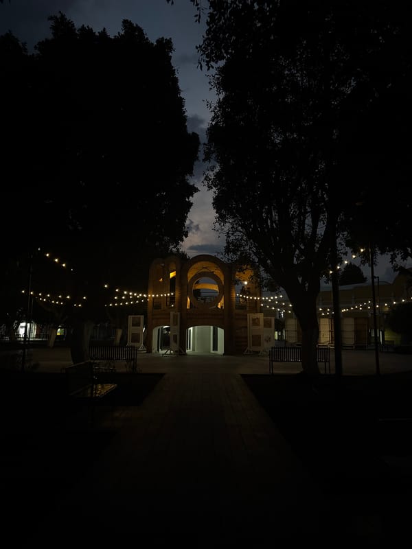Illuminated brick archway with string lights observed at night