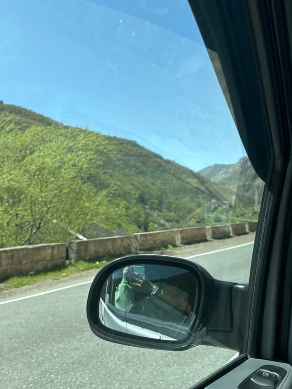 Mountain landscape viewed from vehicle window in Kapan, Armenia