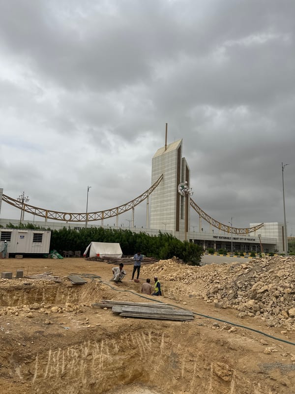 Construction underway near modern civic complex in Karachi