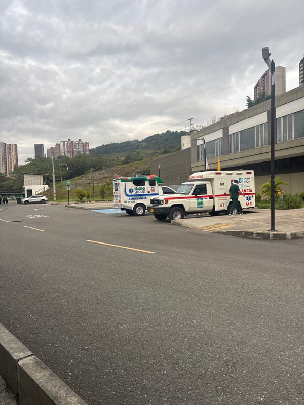 Ambulances stationed on Bello street with medical personnel present