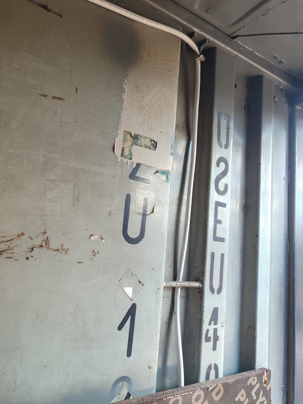 Inside a container or workshop space with lumber and plants