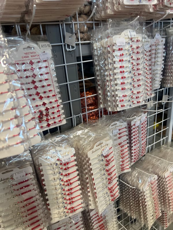 Craft store displays traditional Bulgarian Martenița bracelets in Burgas