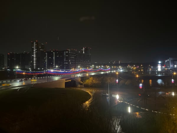 Nighttime urban bridge scene photographed in Chelyabinsk, Russia