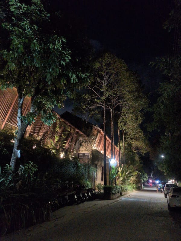 Wooden lattice building captured at night in Phú Quốc
