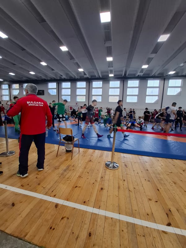 Wrestling practice observed at gymnasium in Vratsa, Bulgaria