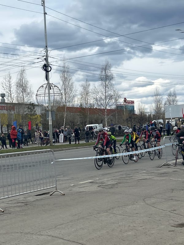 Cycling race held on overcast morning in Izhevsk, Russia
