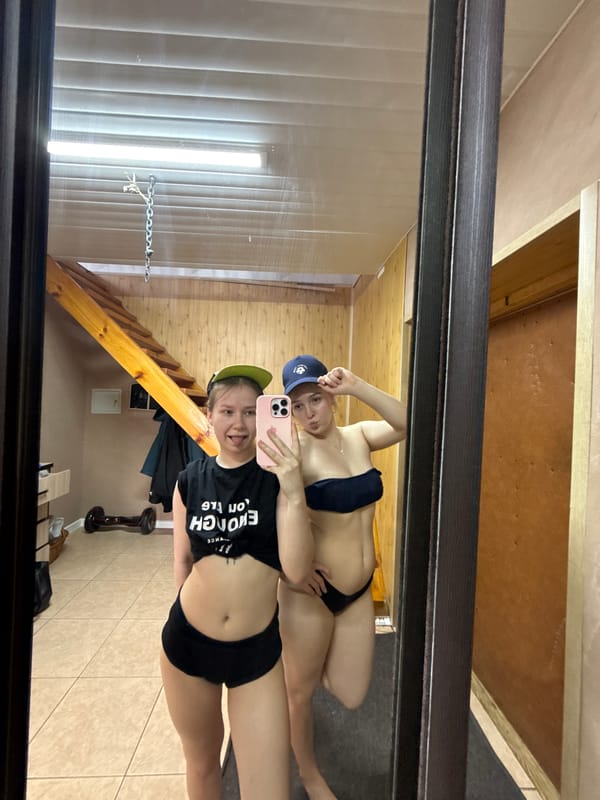 Two women pose for selfie in Zhigalki, Russia