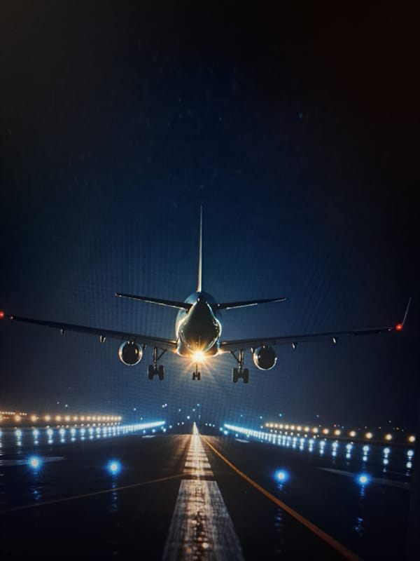 Aircraft positioned on illuminated runway in Yerevan at night