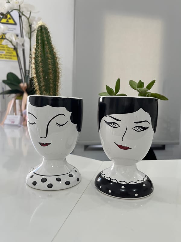 Face-shaped ceramic planters spotted in Limassol, Cyprus