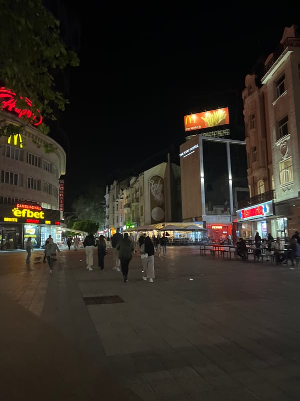 Evening pedestrians stroll central Plovdiv streets near commercial district