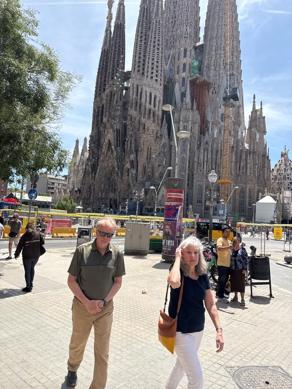 Tourists photograph Sagrada Familia as pigeons gather in Barcelona plaza