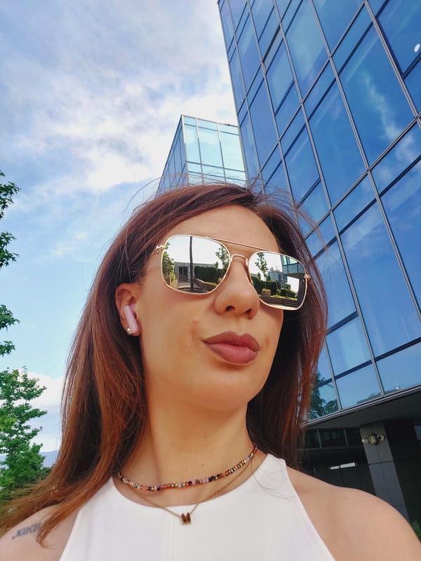 Morning stop near a glass building in central Sofia