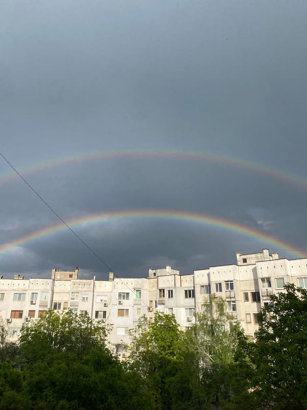 Double rainbow appears over Pleven apartment buildings after storm