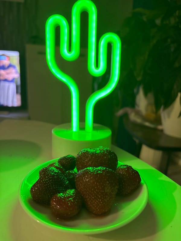 Strawberries and wine under a neon cactus glow